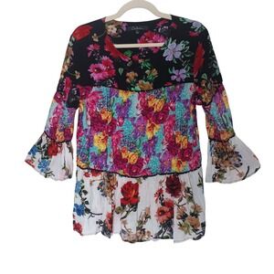 Caleesa Floral Blouse Women Large Multicolor Tiered Bell Sleeve Boho Top